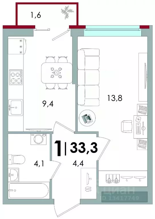 1-к кв. Тверская область, Тверь ул. С.Я. Лемешева, 6 (33.0 м) - Фото 0