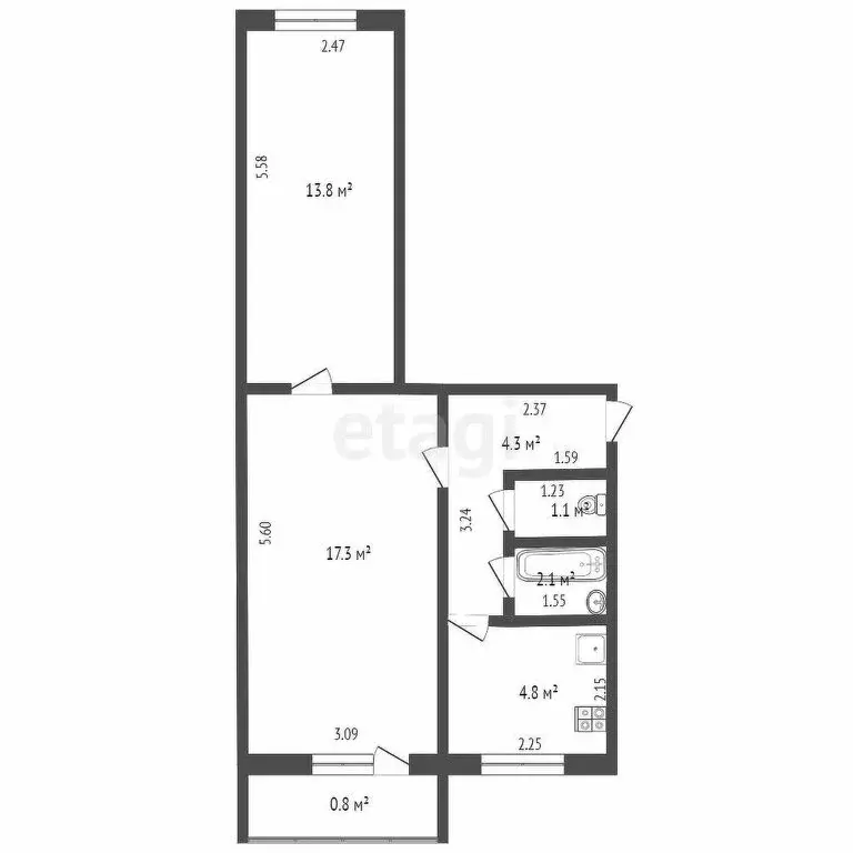 2-комнатная квартира: Альметьевск, улица Гафиатуллина, 19 (43.6 м) - Фото 1