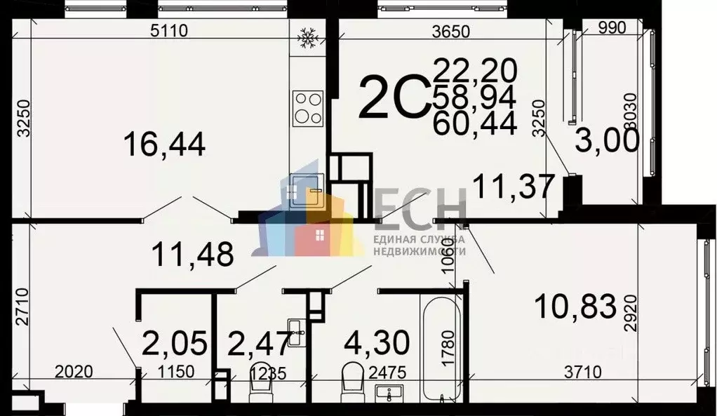 2-к кв. Тульская область, Тула Веневское ш., 51 (60.44 м) - Фото 0