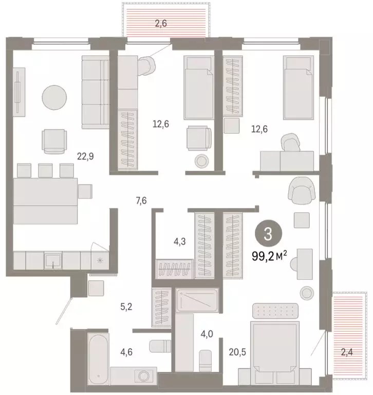 3-комнатная квартира: Тюмень, Мысовская улица, 26к2 (99.21 м) - Фото 1