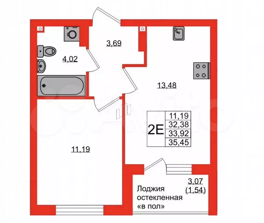 1-к. квартира, 33,9 м, 5/9 эт. - Фото 1