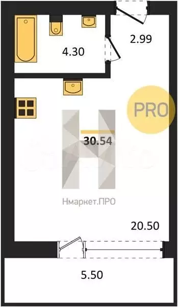 Квартира-студия, 30,5 м, 6/9 эт. - Фото 1