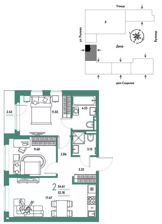 2-комнатная квартира: Тюмень, микрорайон ДОК (54.61 м) - Фото 0