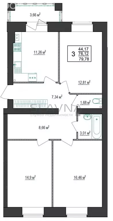 3-комнатная квартира: деревня Каримово, 9 (79.78 м) - Фото 1