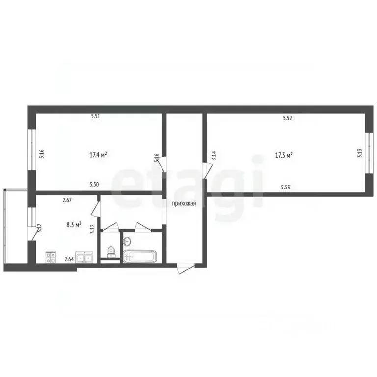 2-к кв. Белгородская область, Белгород ул. Есенина, 50 (61.1 м) - Фото 2