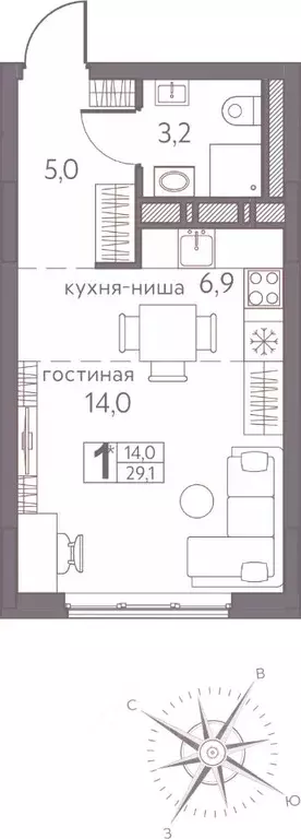 Студия Пермский край, Пермь ул. Серебристая, 3А (29.1 м) - Фото 1