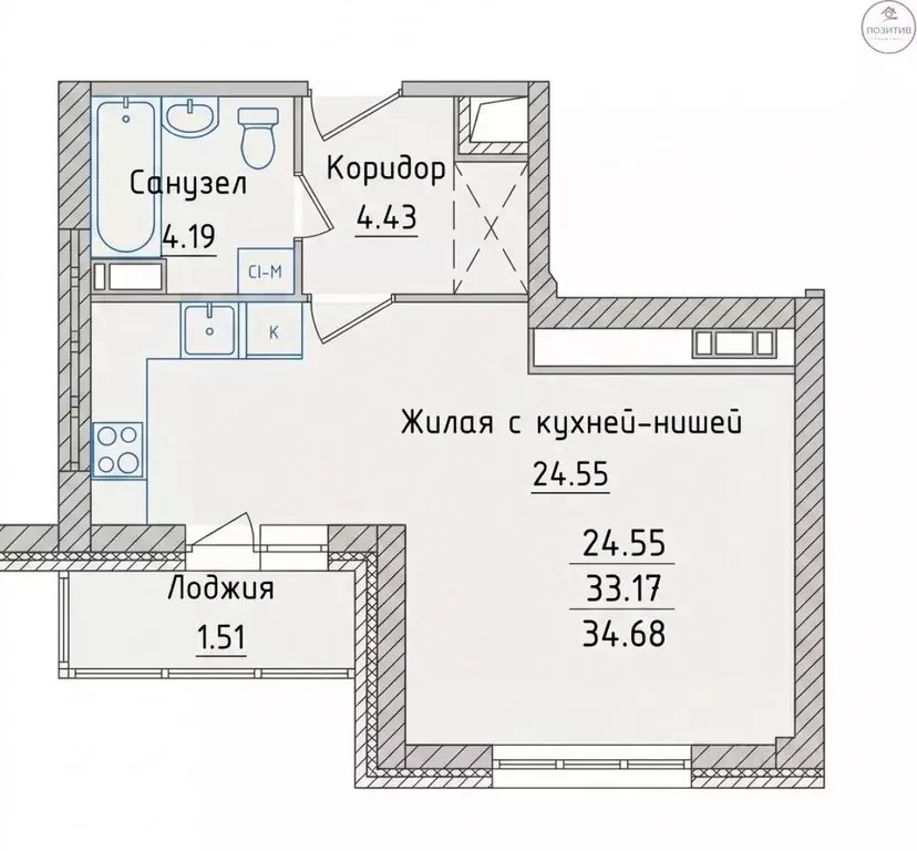 Студия Ярославская область, Ярославль ул. Дядьковская, 30 (34.7 м) - Фото 2