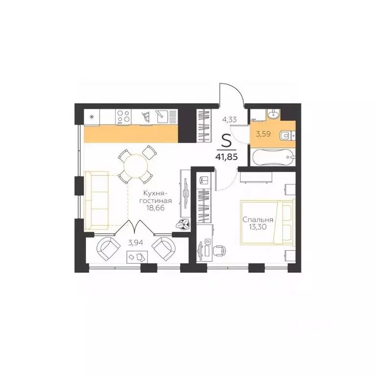 1-к кв. Тульская область, Тула Огни жилой комплекс (41.85 м) - Фото 1
