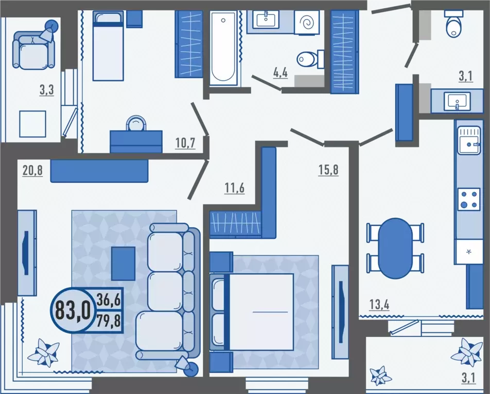 3-к квартира, 84 м - Фото 1