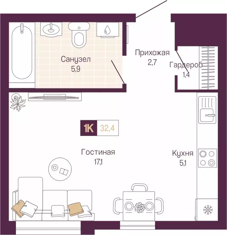 Студия Нижегородская область, Нижний Новгород ул. Тургенева (32.4 м) - Фото 1