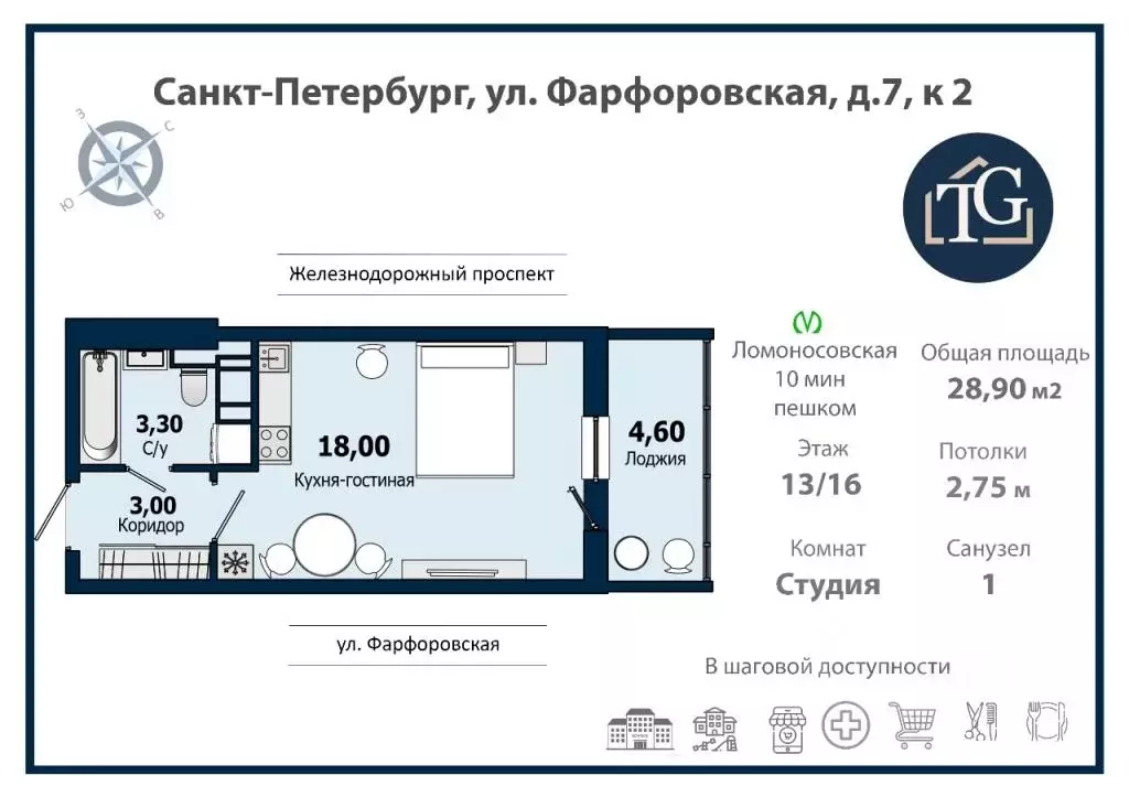 Студия Санкт-Петербург Фарфоровская ул., 7к2 (24.3 м) - Фото 2