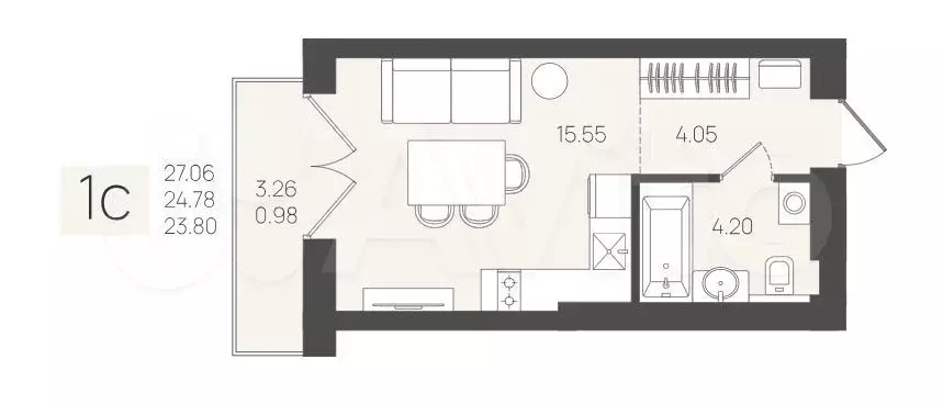 1-к. квартира, 23,8 м, 4/5 эт. - Фото 1