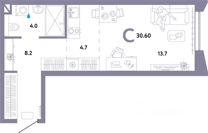 Студия Москва ул. Малая Очаковская, 1к2 (30.6 м) - Фото 1