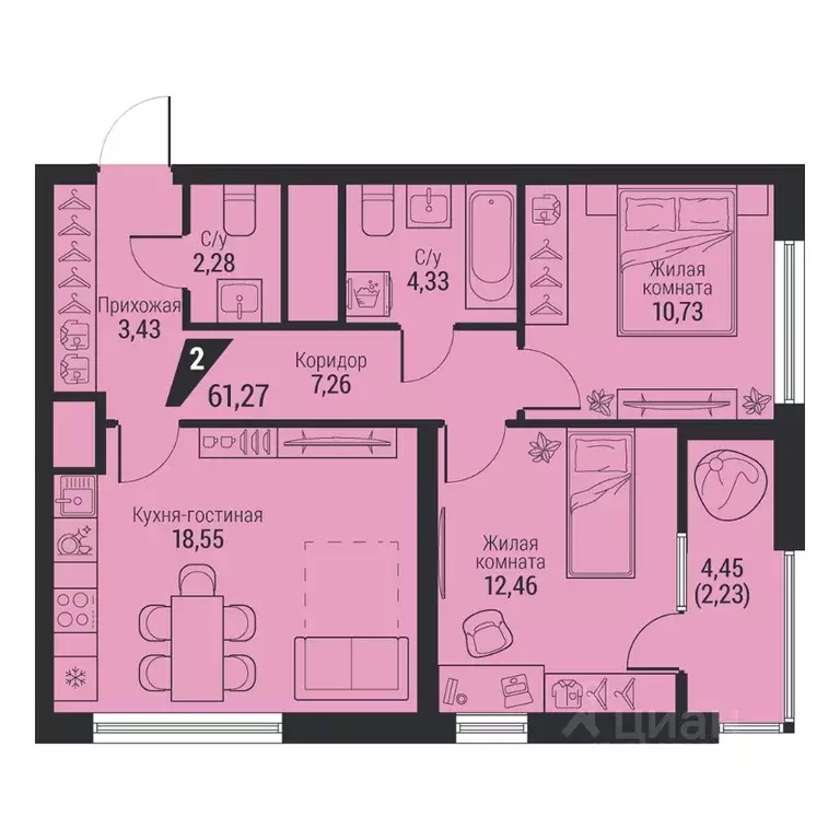 2-к кв. Свердловская область, Екатеринбург просп. Космонавтов, 100 ... - Фото 1