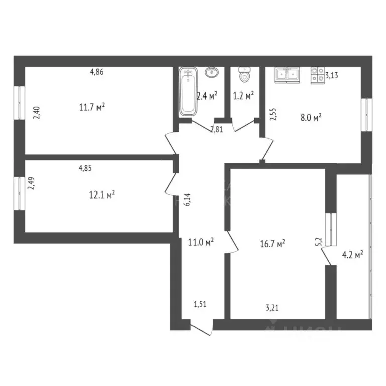 3-к кв. Тюменская область, Тюмень ул. Николая Чаплина, 119 (72.0 м) - Фото 2