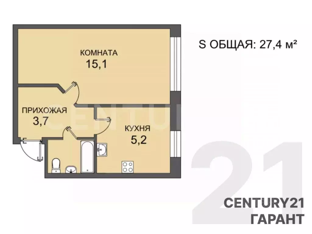 Квартира, 1 комната, 27.4 м - Фото 1