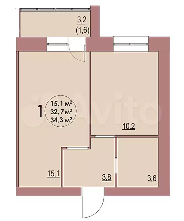 1-к. квартира, 34,3 м, 3/8 эт. - Фото 1