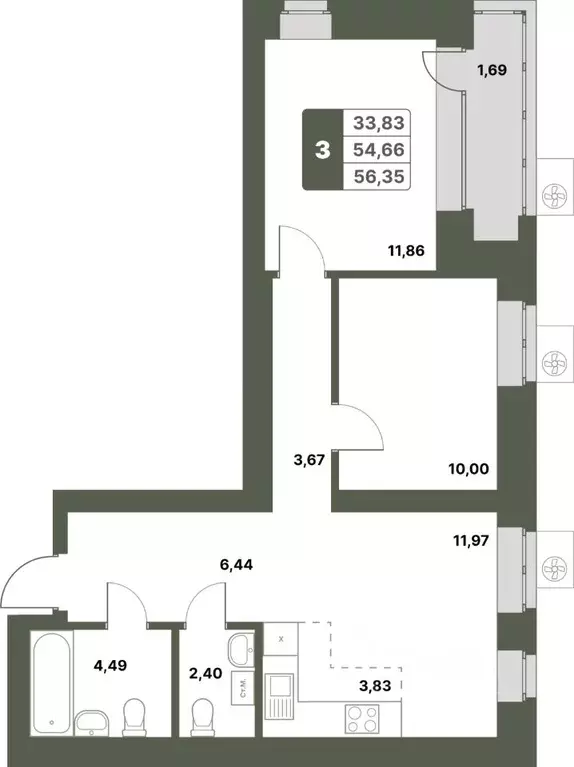 3-к кв. Башкортостан, Уфимский район, с. Миловка  (56.35 м) - Фото 1