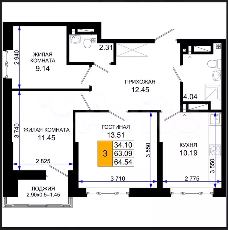 3-к. квартира, 65 м, 9/25 эт. - Фото 1