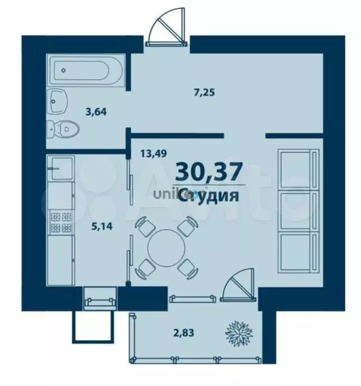 квартира-студия, 30,4 м, 2/5 эт. - Фото 1