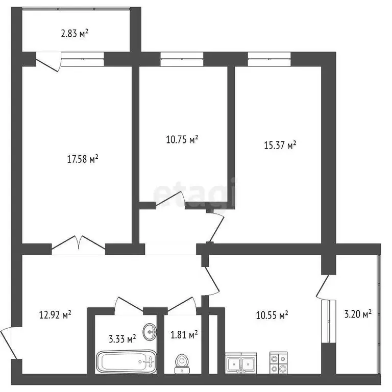 Квартира, 3 комнаты, 75.33 м - Фото 0