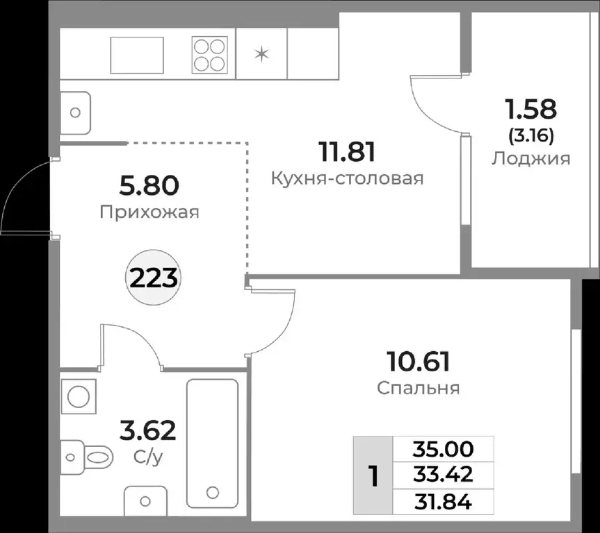 1-к кв. Калининградская область, Калининград Пригородная ул. (33.42 м) - Фото 1