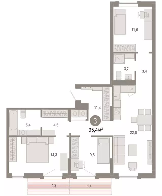 3-комнатная квартира: Омск, Кировский округ (95.37 м) - Фото 1