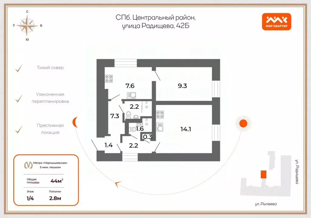 2-к кв. Санкт-Петербург ул. Радищева, 42Б (41.0 м) - Фото 1