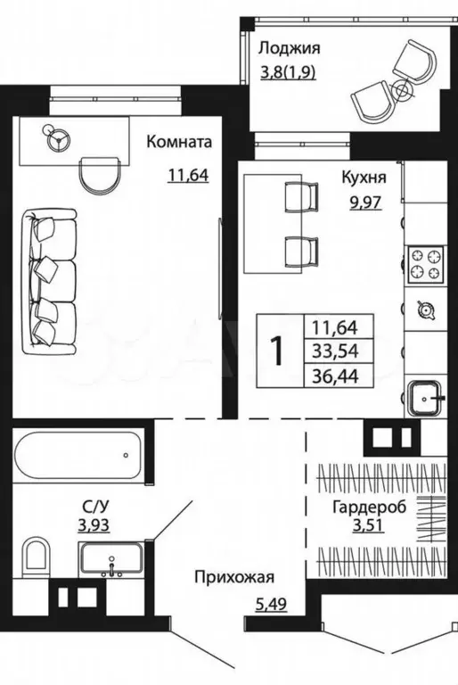 1-к. квартира, 36,6м, 2/24эт. - Фото 0