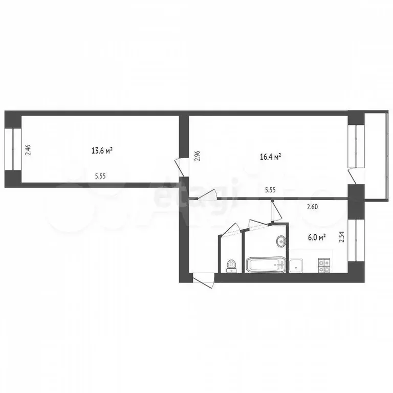 2-к. квартира, 44 м, 4/5 эт. - Фото 0