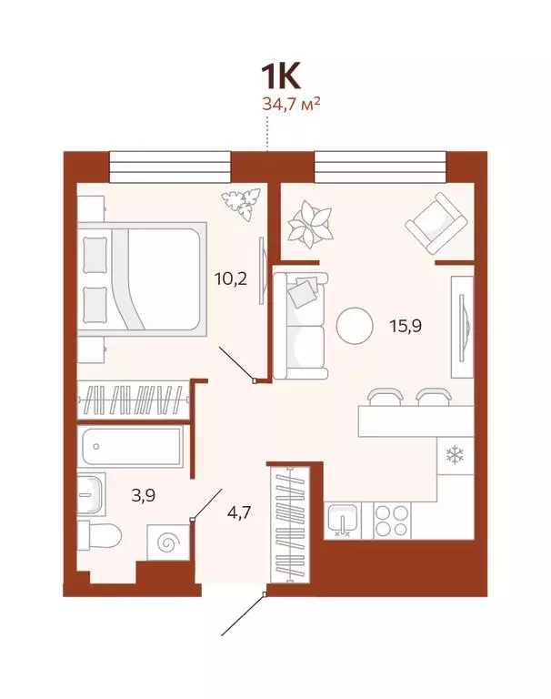 1-комнатная квартира: Тюмень, улица Новаторов, 28 (34.67 м) - Фото 0