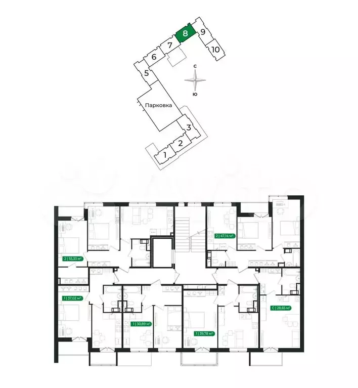 2-к. квартира, 55,3 м, 4/8 эт. - Фото 1