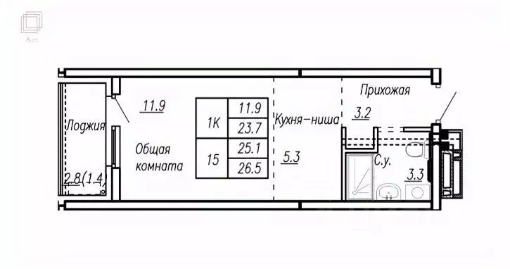 Студия Алтайский край, Барнаул ул. Антона Петрова, 214 (26.5 м) - Фото 1