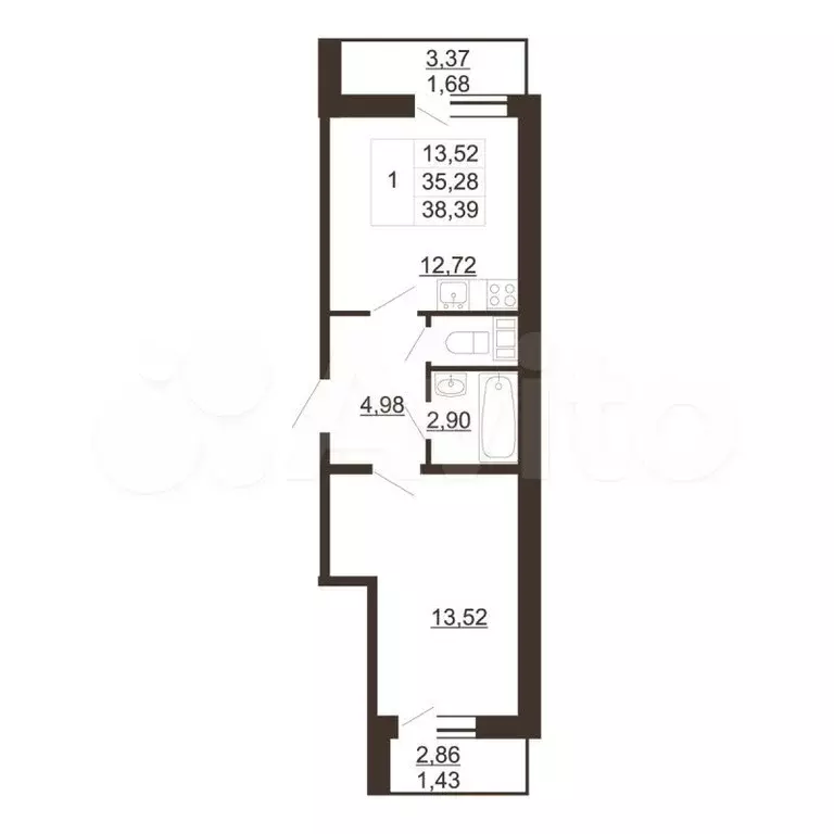 1-к. квартира, 38,4м, 6/6эт. - Фото 0