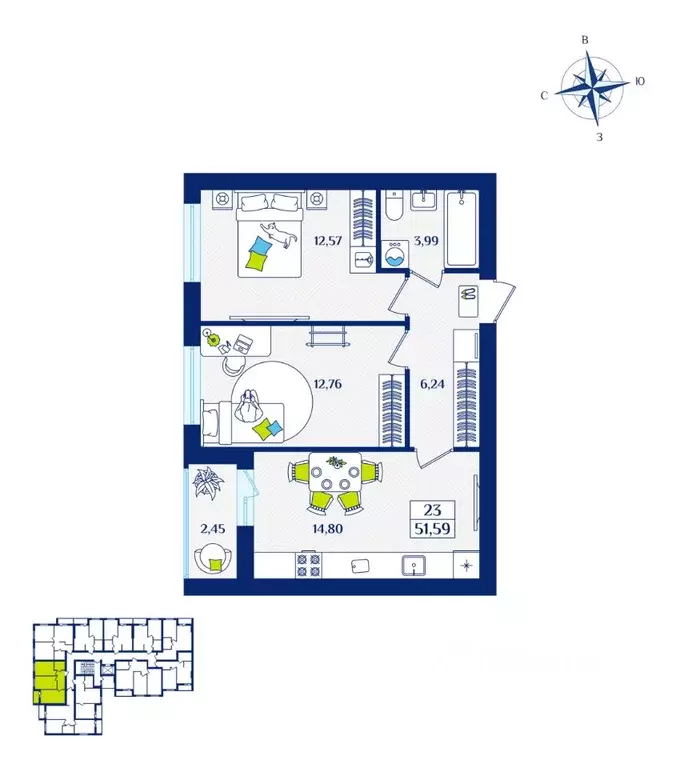 2-к кв. Калининградская область, Зеленоградск  (51.59 м) - Фото 1