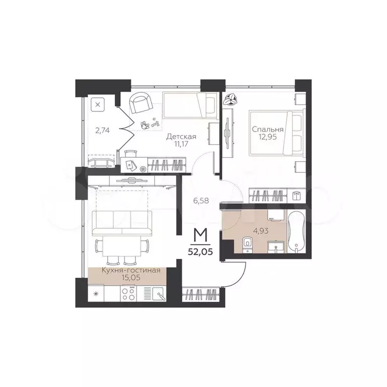 2-к. квартира, 52,1м, 4/5эт. - Фото 1