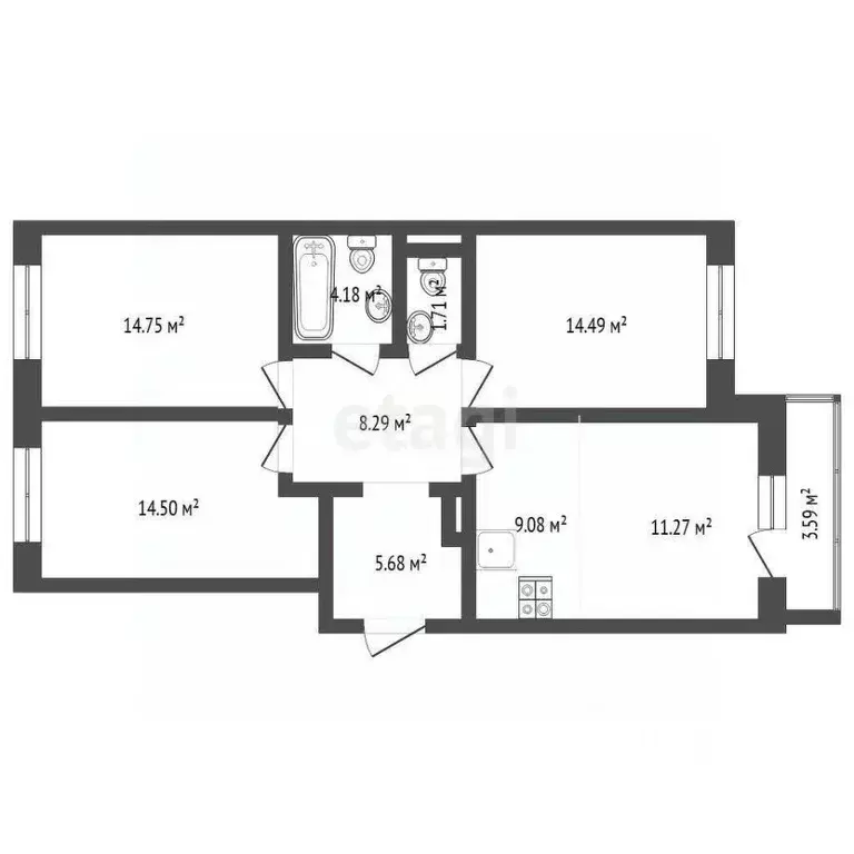 3-к кв. Тюменская область, Тюмень ул. Фармана Салманова, 14 (84.2 м) - Фото 2