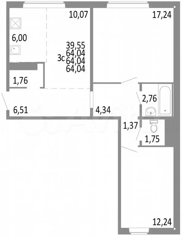 3-к. квартира, 64м, 2/10эт. - Фото 0