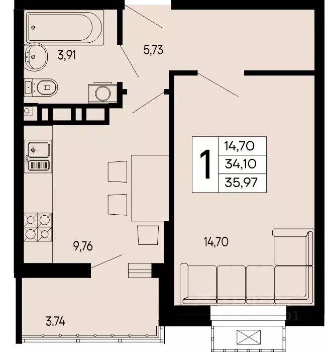 1-к кв. Адыгея, Майкоп 9 Мая ул. (35.97 м) - Фото 1