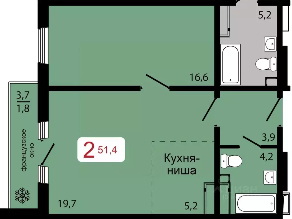 2-к кв. Красноярский край, Красноярск ул. Калинина (51.4 м) - Фото 1
