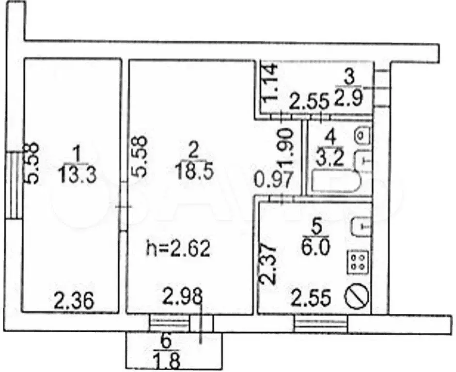 2-к. квартира, 44 м, 4/4 эт. - Фото 0