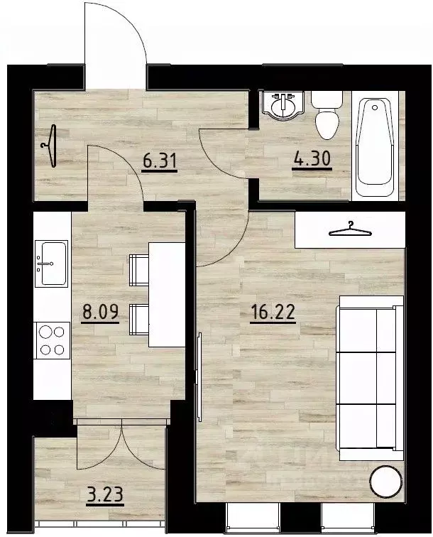 1-к кв. Калининградская область, Калининград Поселковая ул., 22 (38.15 ... - Фото 1
