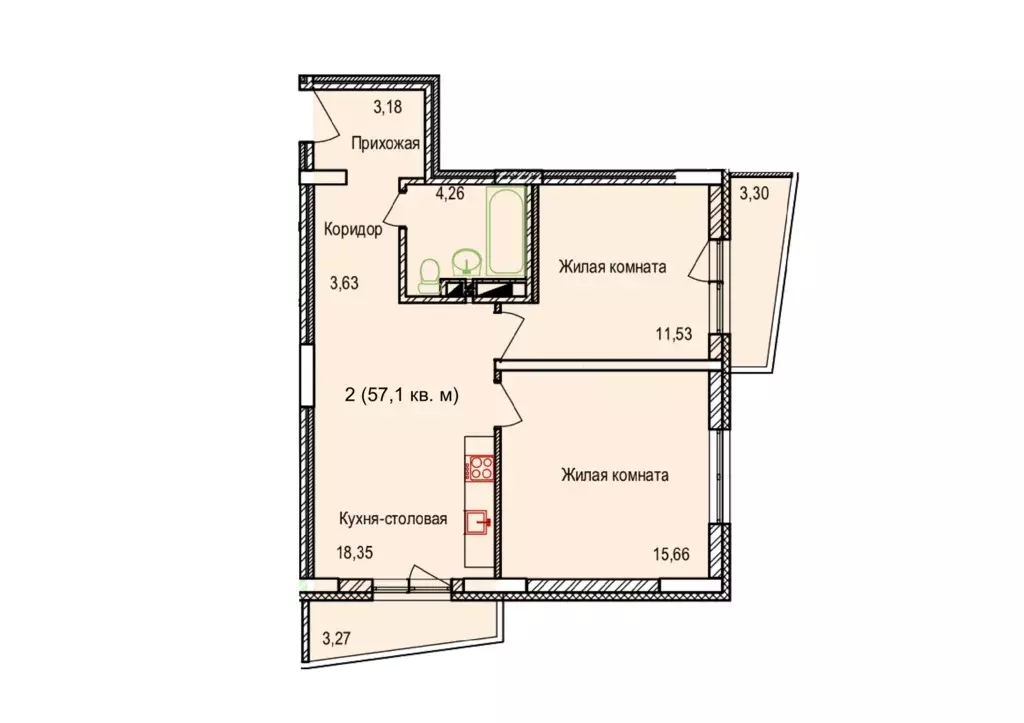 Продаётся 2-к квартира, 57.1 м - Фото 1