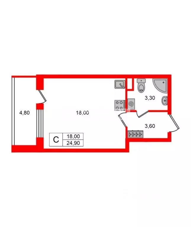 Студия Санкт-Петербург просп. Ветеранов, 198 (24.9 м) - Фото 2