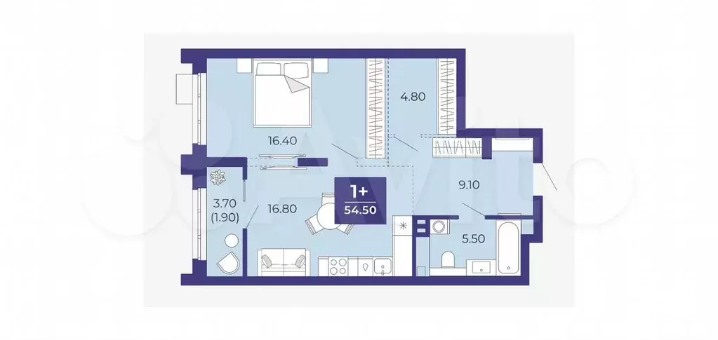 1-к. квартира, 54,5 м, 6/9 эт. - Фото 1