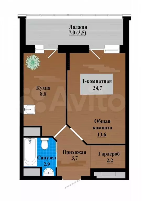 1-к. квартира, 34,7 м, 12/12 эт. - Фото 0