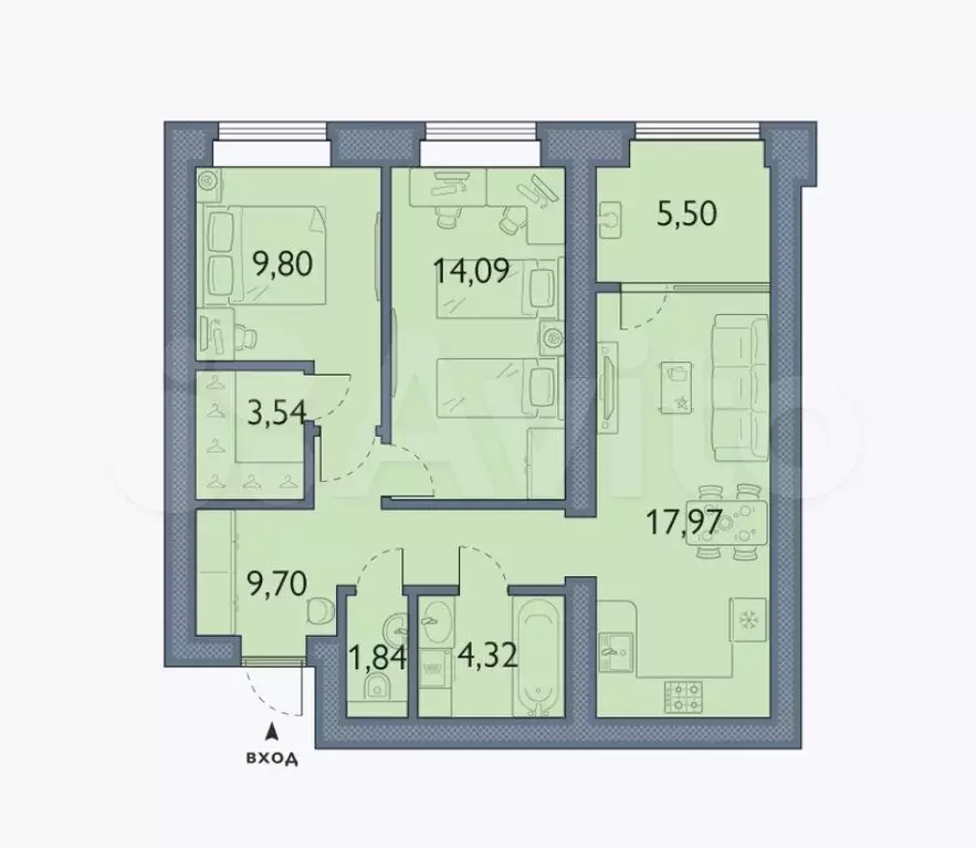 2-к. квартира, 66,8 м, 6/8 эт. - Фото 1