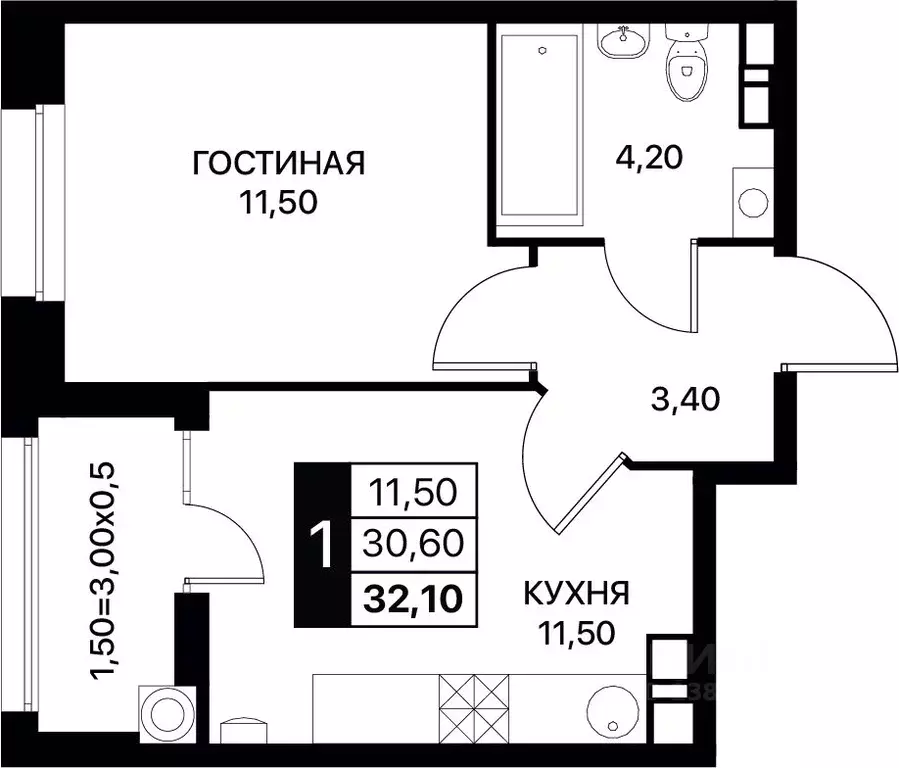 1-к кв. Ростовская область, Ростов-на-Дону просп. Шолохова (32.1 м) - Фото 0