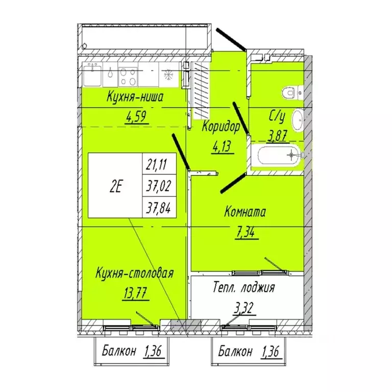 1-к кв. Омская область, Омск ул. 2-я Дачная (37.84 м) - Фото 1