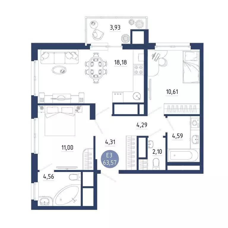 2-комнатная квартира: село Дядьково, 2-й Бульварный проезд, 8 (63.57 ... - Фото 2